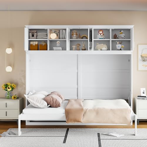 White Solid Wood Queen Murphy Bed with Cabinets P5636