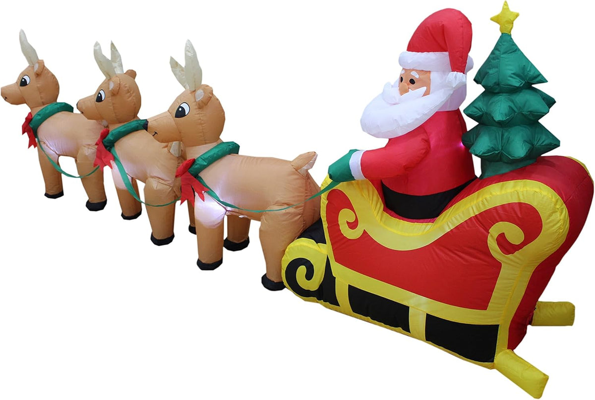 8 Foot Long Christmas Inflatable Santa Claus on Sleigh with 3 Reindeer and Christmas Tree LED Lights U30744