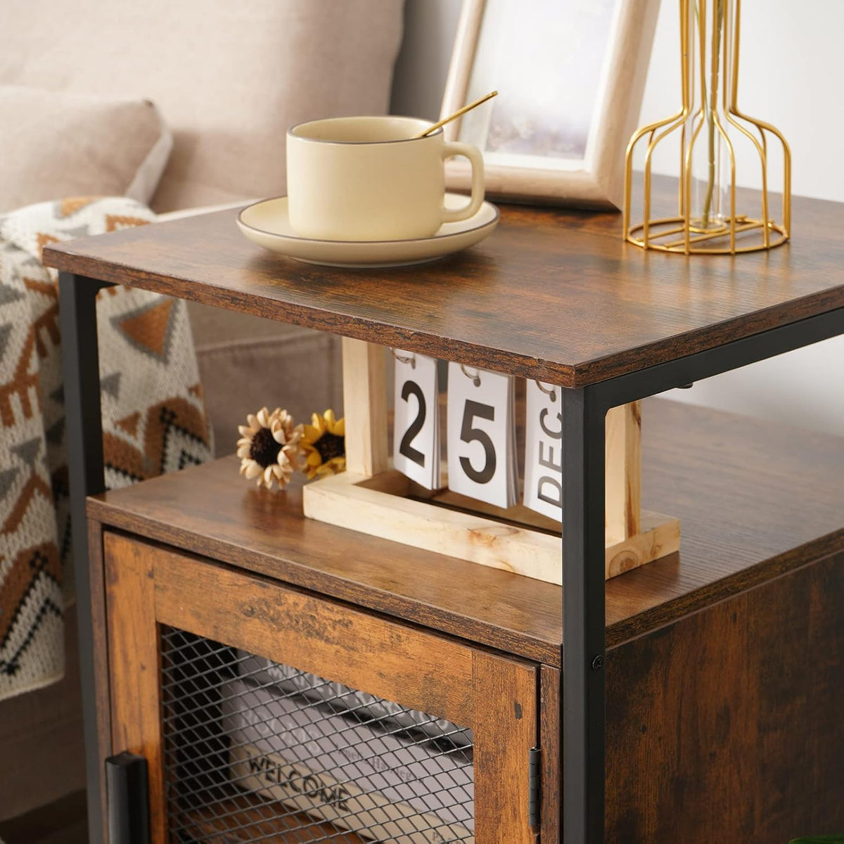 Rustic Brown Night Stand with Open Shelf and Mesh Door J390
