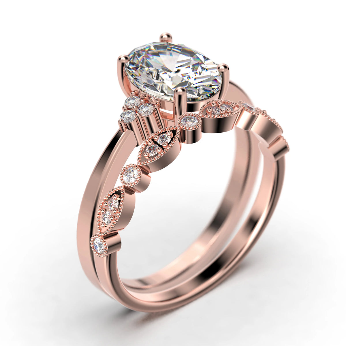 10k Solid Rose Gold Oval Cut Diamond Moissanite Engagement Ring W478