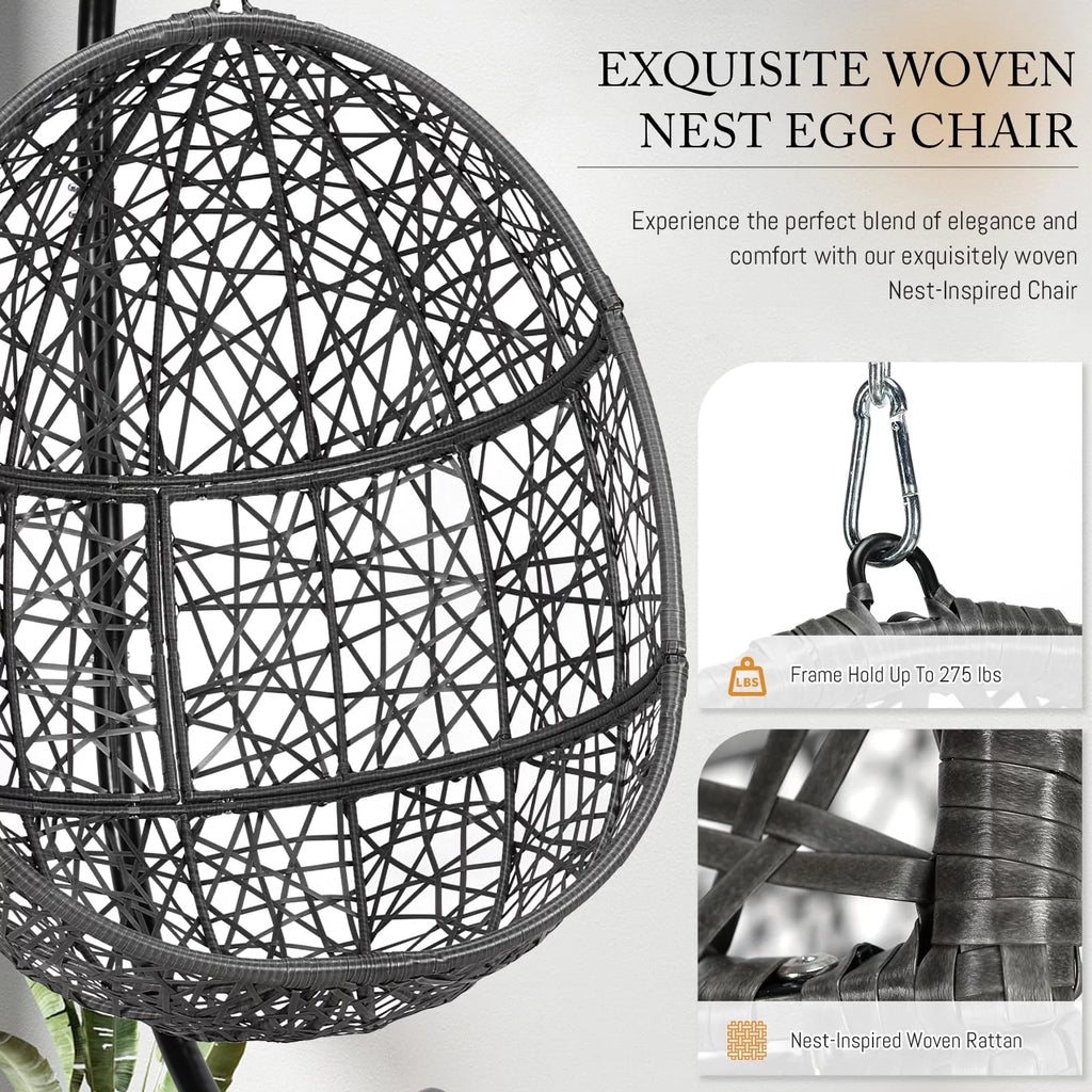 Oversized Black Hanging Swing Egg Chair with Stand and Beige Set R928