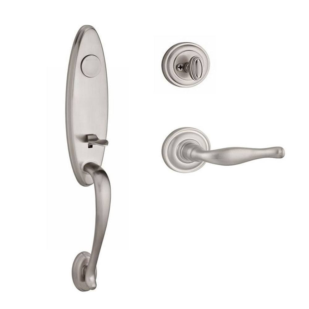 Satin Nickel Handleset with Left Handed Decorative Lever and Traditional Round Rose W607