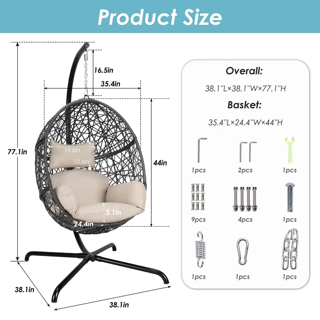 Oversized Black Hanging Swing Egg Chair with Stand and Beige Set R928