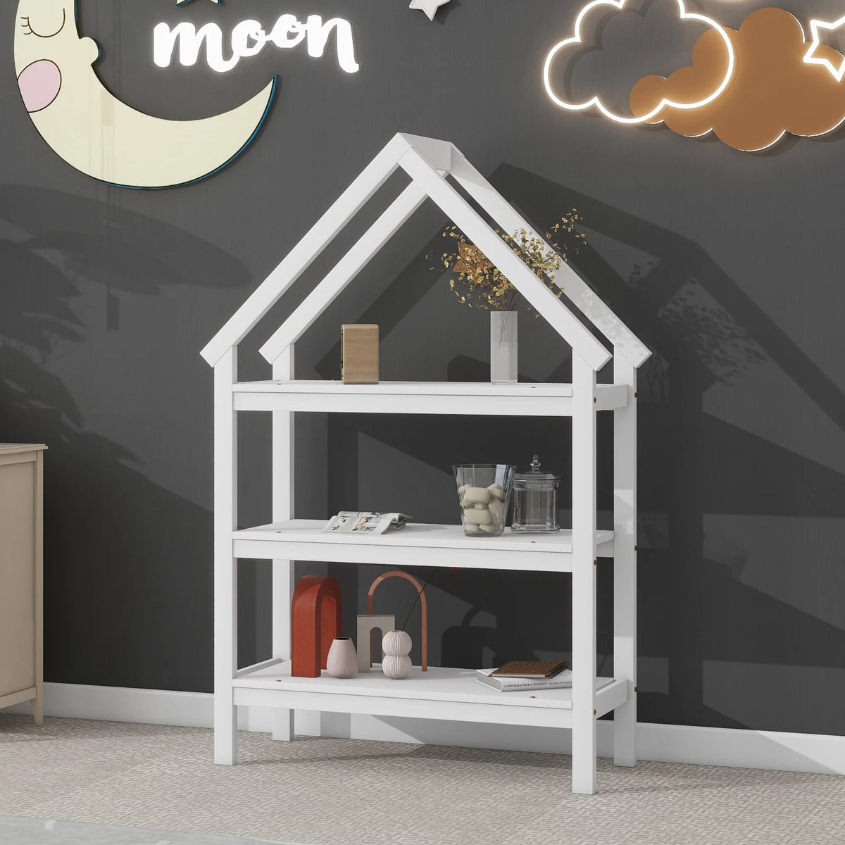 Twin House-Shaped Floor Bed Frame with 2 Detachable Stands White Z31341