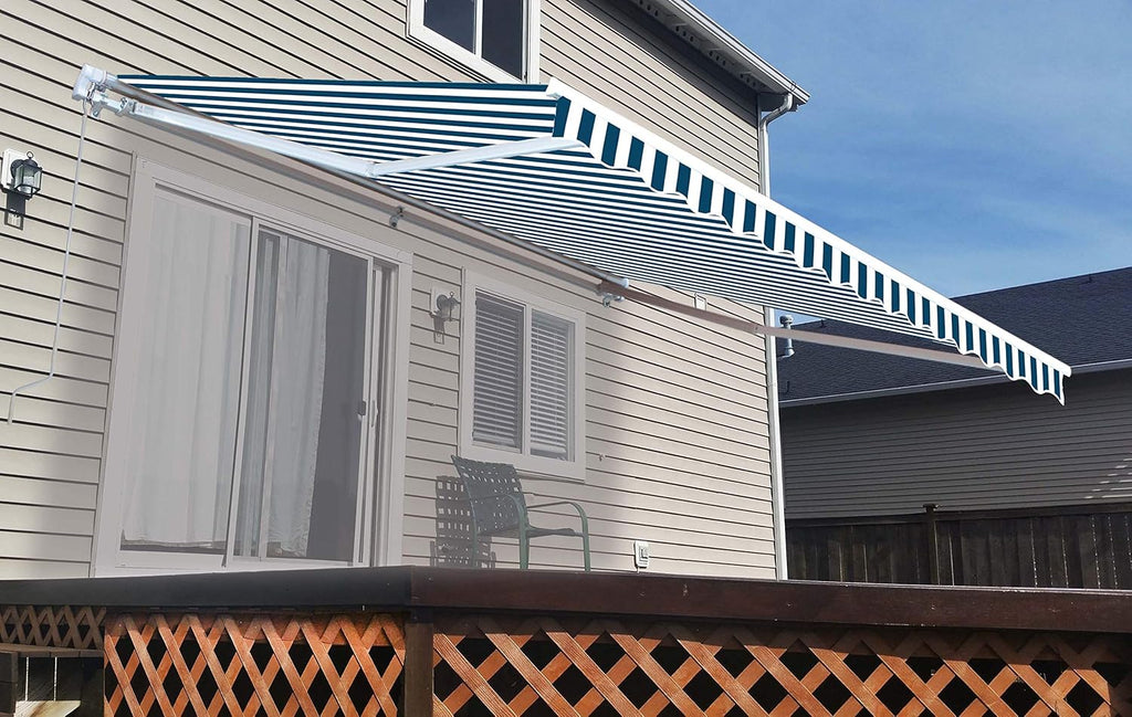 Blue and White Striped Retractable Patio Awning 12 x 10 Feet W9244