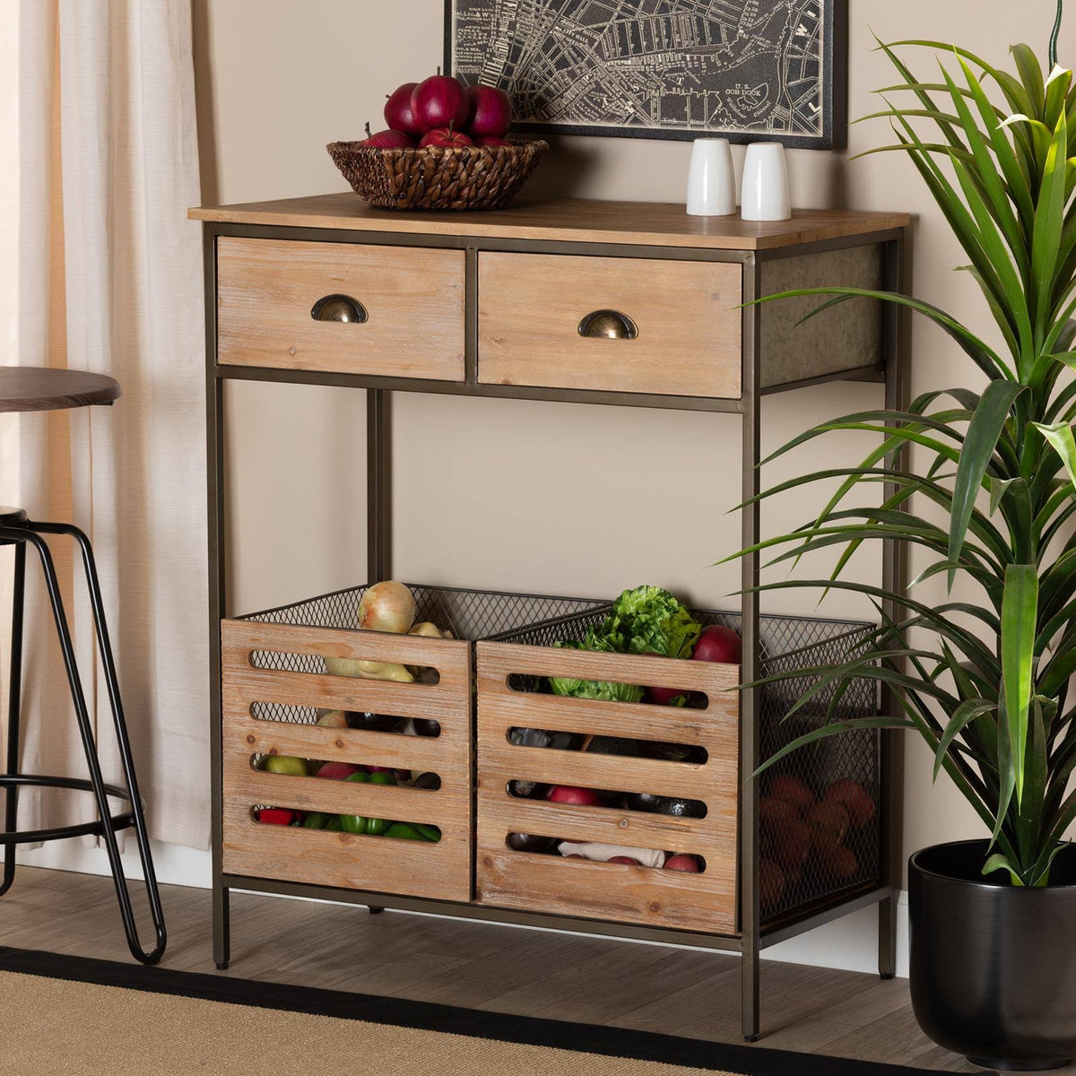 Oak Brown Finished Wood and Black Metal 2-Drawer Storage Cabinet E683982
