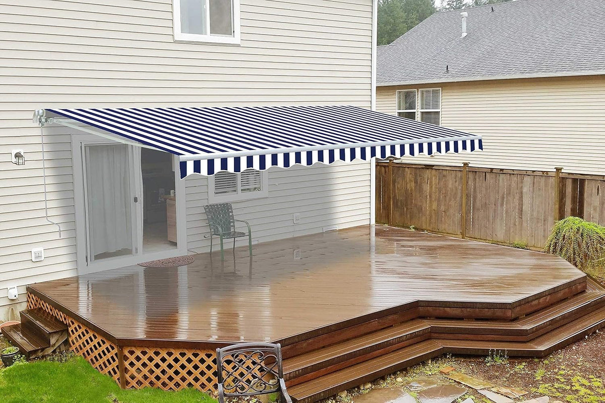 Blue and White Striped Retractable Patio Awning 12 x 10 Feet W9244