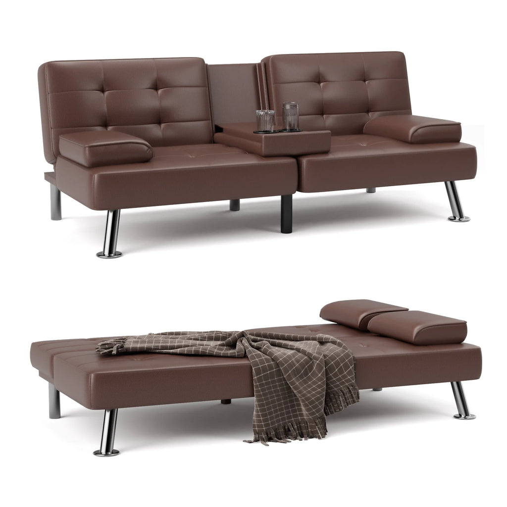 Faux Leather Convertible Futon Sofa Bed with 2 Cup Holders X886962