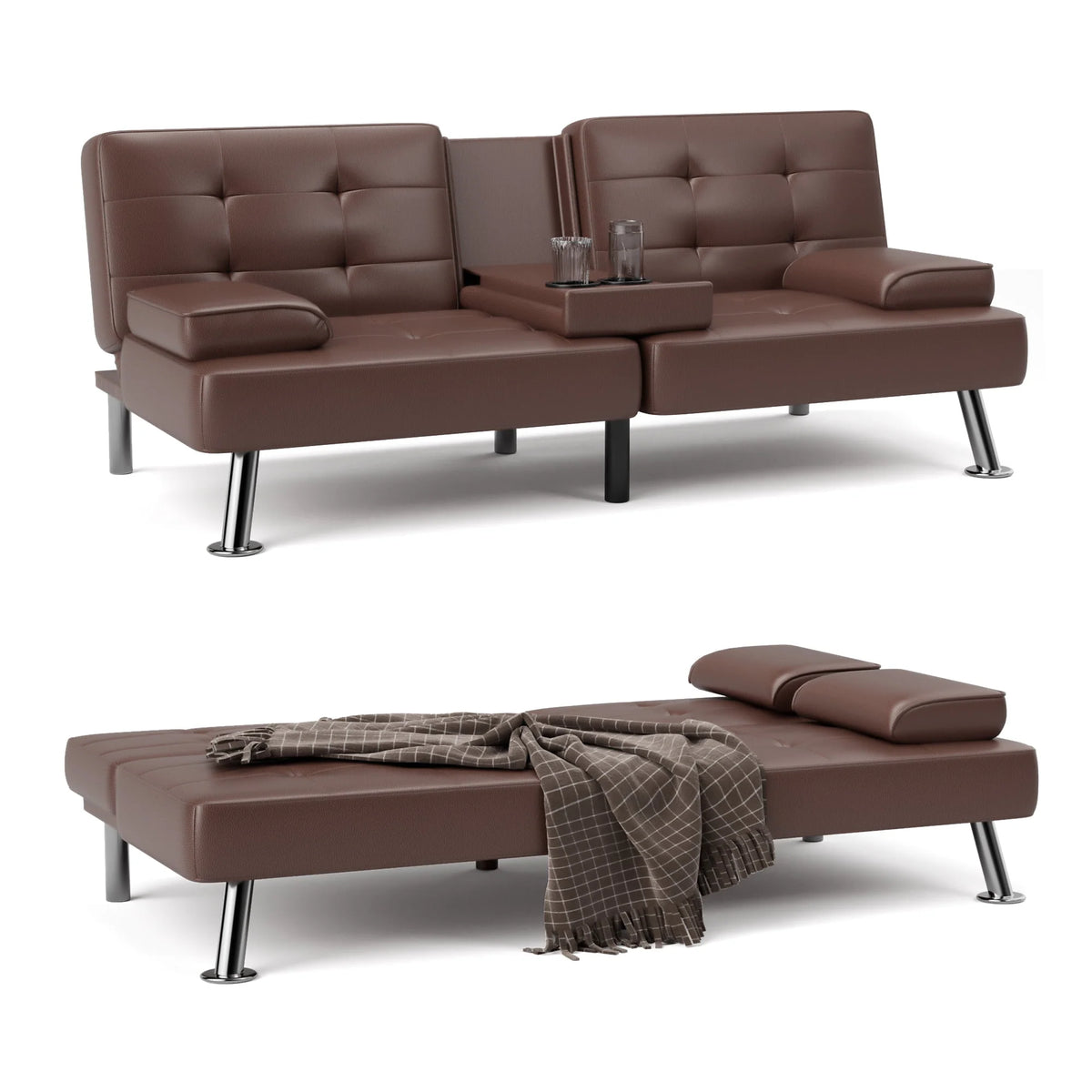 Faux Leather Convertible Futon Sofa Bed with 2 Cup Holders X886962