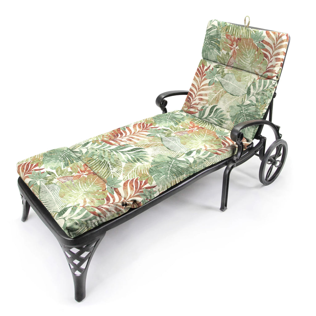 Almond Green Leaves Rectangular Outdoor Chaise Lounge Cushion with Ties Z594