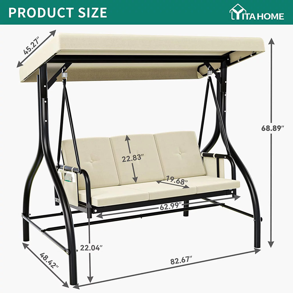 3-Seats Outdoor Patio Swing Chair with Adjustable Canopy Removable Cushion Beige A4418