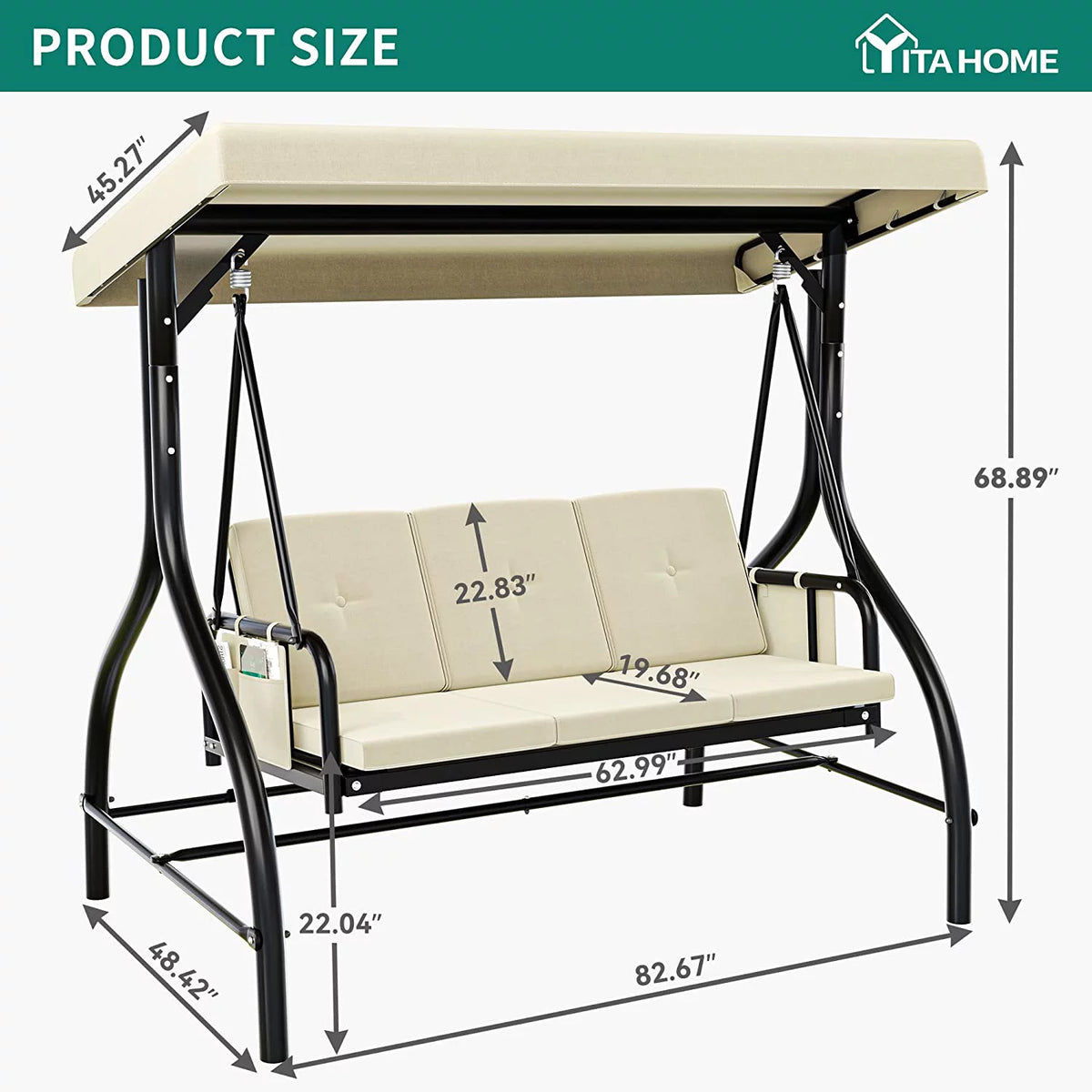 3-Seats Outdoor Patio Swing Chair with Adjustable Canopy Removable Cushion Beige A4418