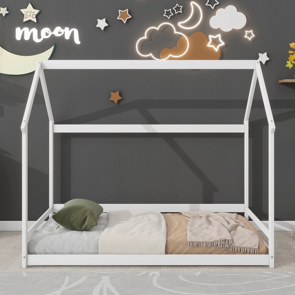Twin House-Shaped Floor Bed Frame with 2 Detachable Stands White Z31341