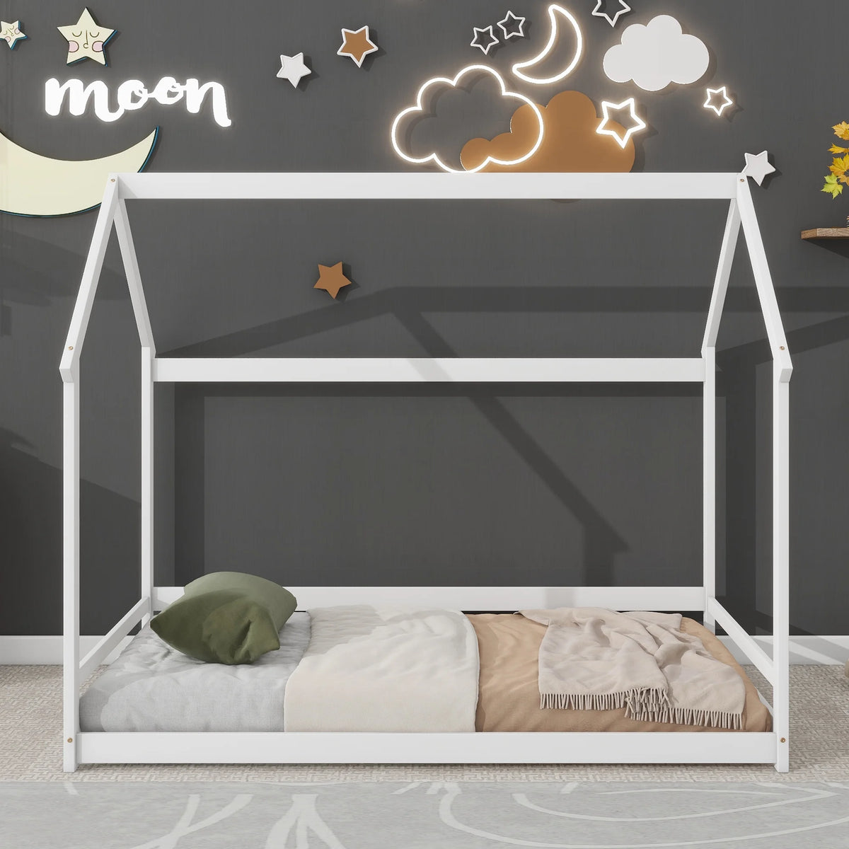 Twin House-Shaped Floor Bed Frame with 2 Detachable Stands White Z31341
