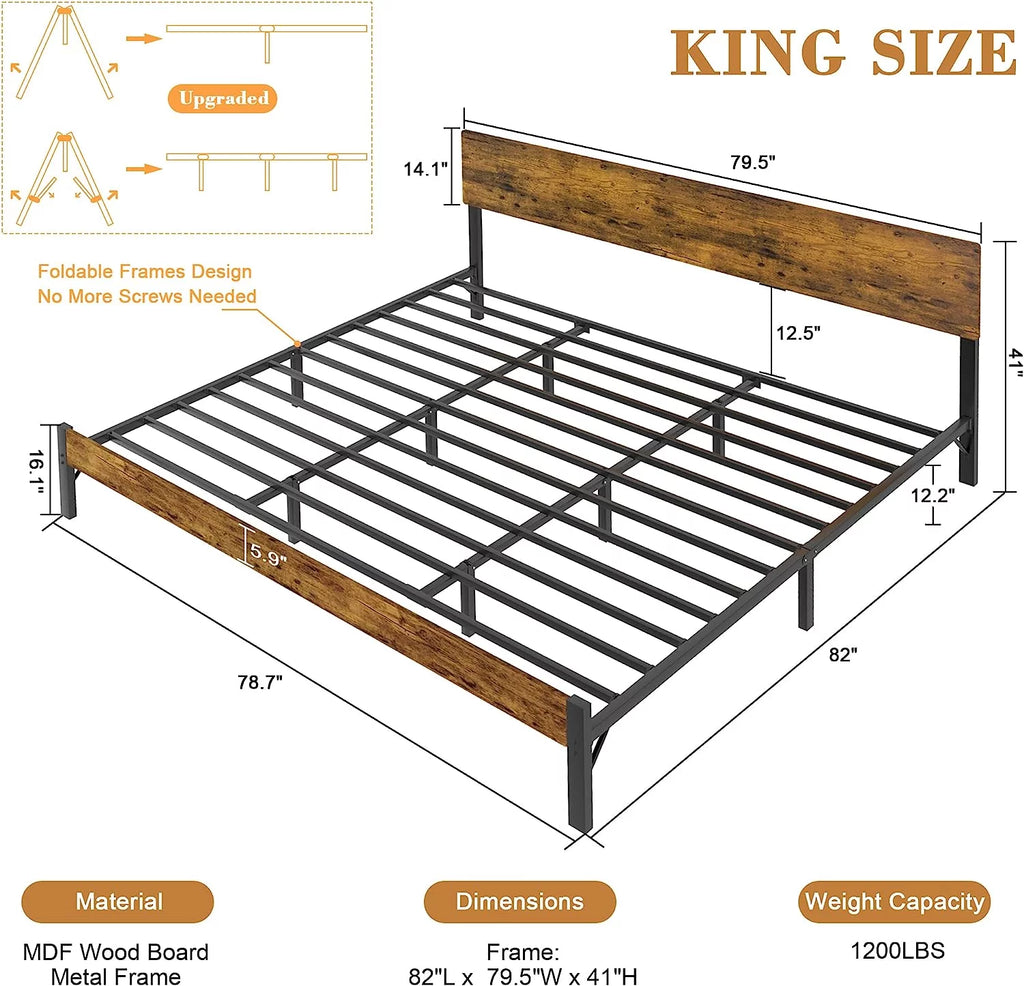 King Metal Platform Bed Frame with Headboard B870524