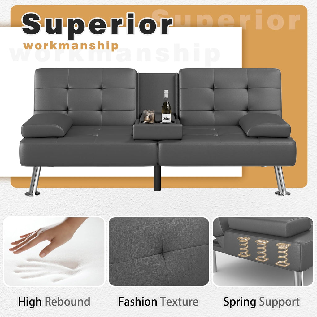 Faux Leather Convertible Futon Sofa Bed with 2 Cup Holders X886962