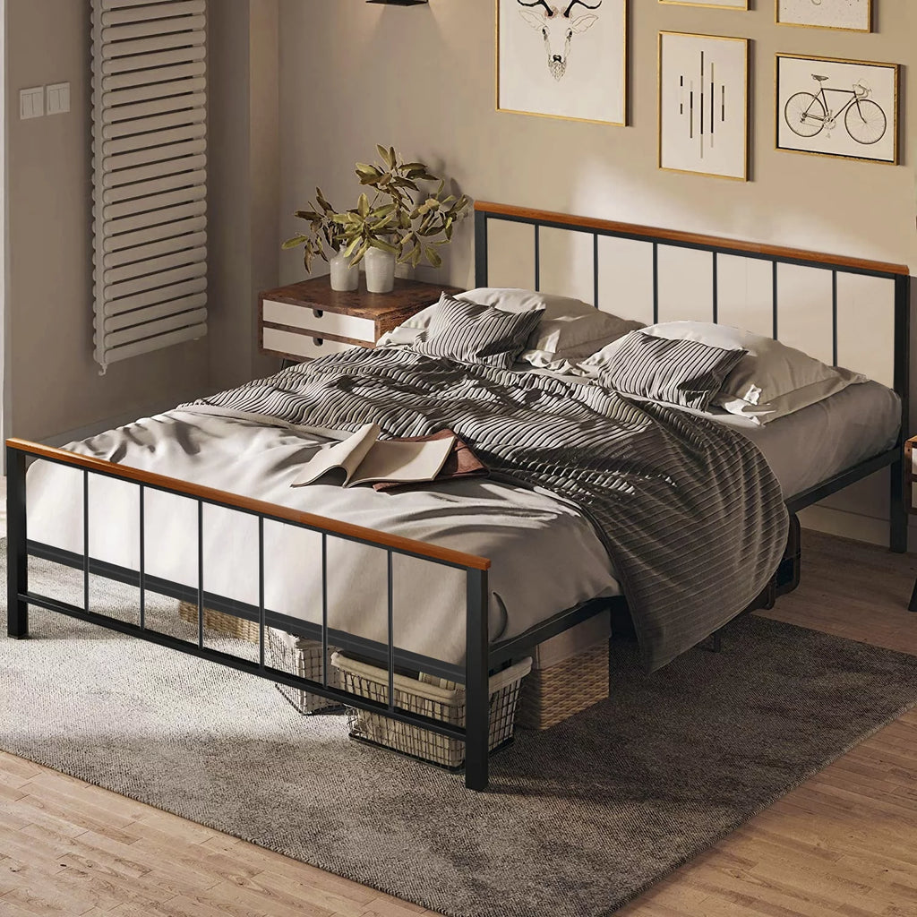 Black Metal Platform Bed Frame with Headboard and Footboard V7136
