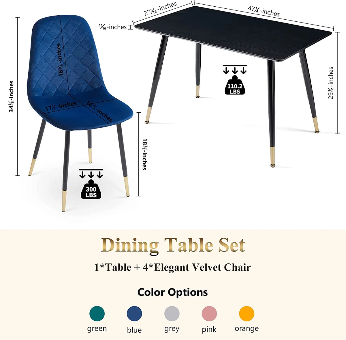 Faux Wood Rectangular Dining Table Set for 4 with Velvet Chairs Y3956