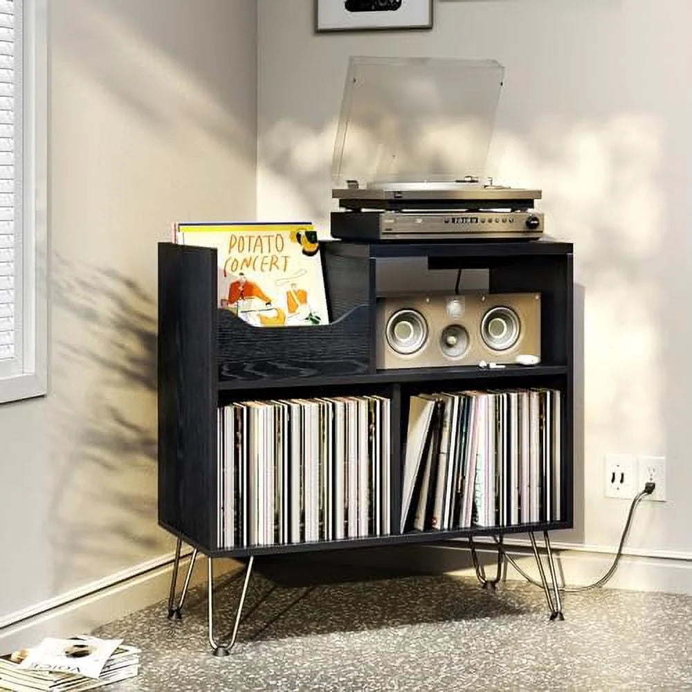 Black Record Player Stand with Charging Station F267