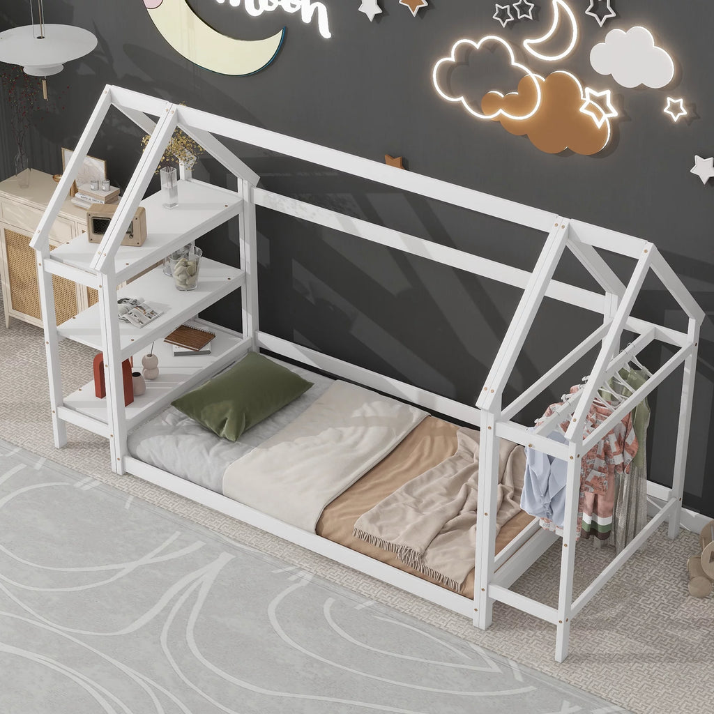 Twin House-Shaped Floor Bed Frame with 2 Detachable Stands White Z31341