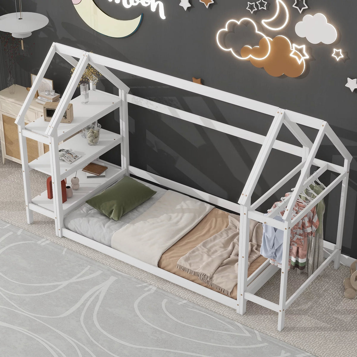 Twin House-Shaped Floor Bed Frame with 2 Detachable Stands White Z31341