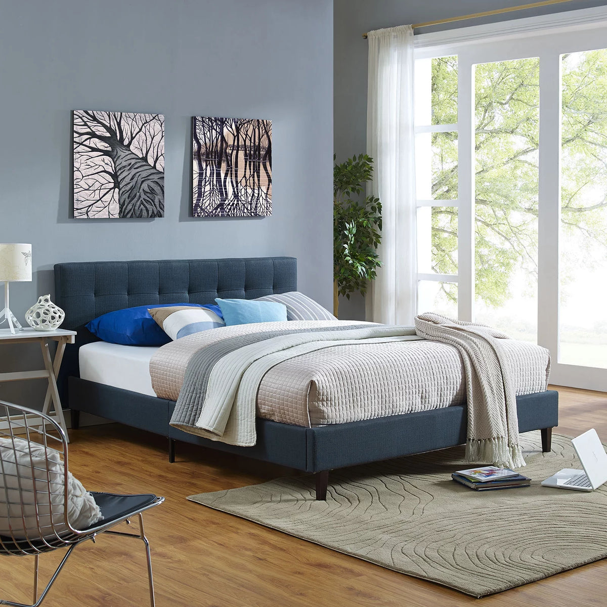 Queen Size Navy Blue Fabric Wood Platform Bed Frame O948842