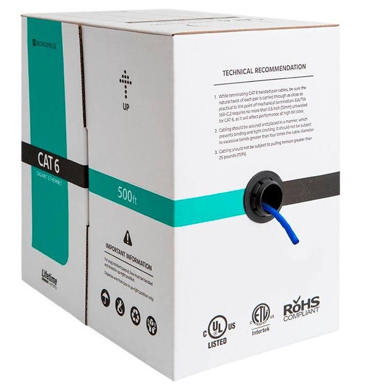 Cat6 Ethernet Bulk Cable 500ft Blue Solid UTP 23AWG W3322