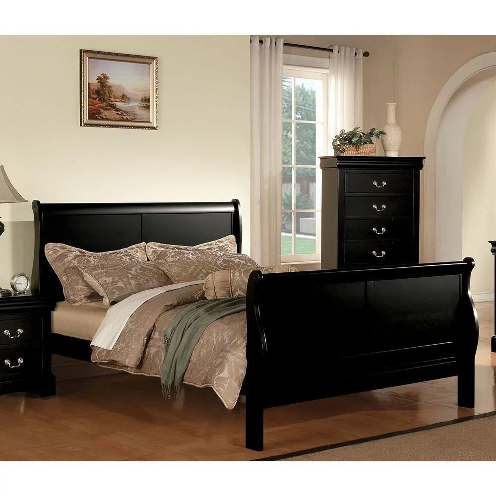 Queen Panel Bed 3pc Set with 2 Nightstands Black Finish V84616