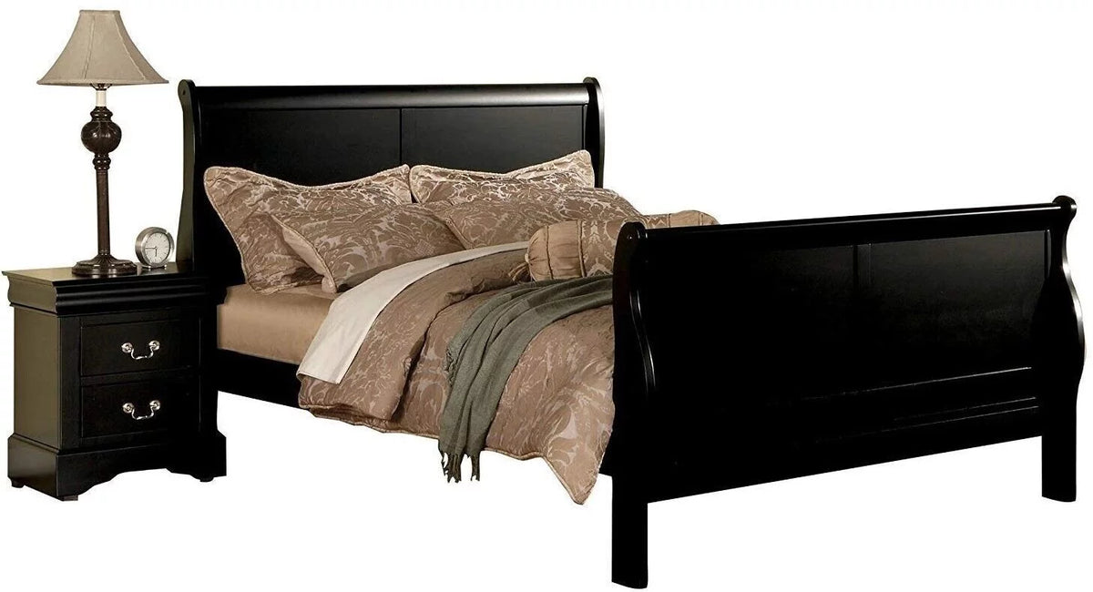 Queen Panel Bed 3pc Set with 2 Nightstands Black Finish V84616