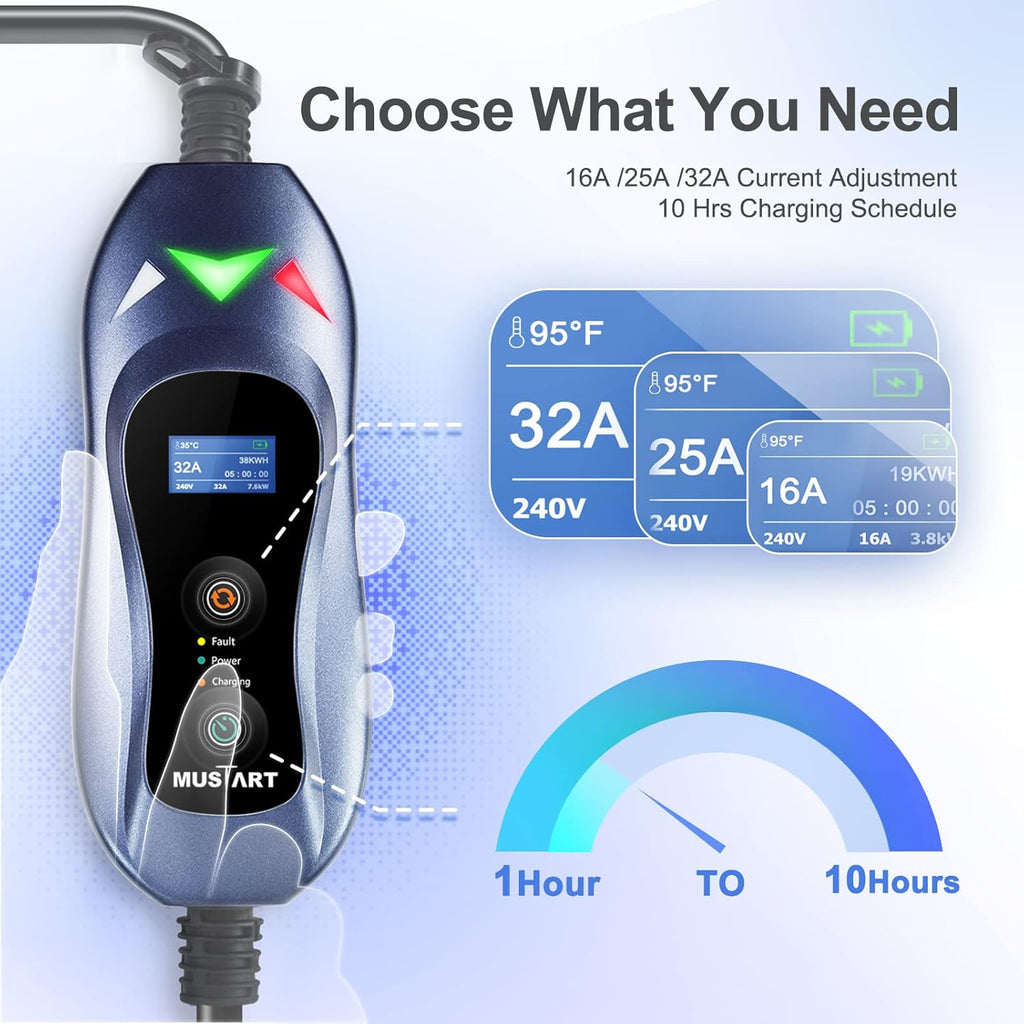 Portable EV Charger with 25ft Cable, 32 Amp Adjustable, NEMA 14-50P P597