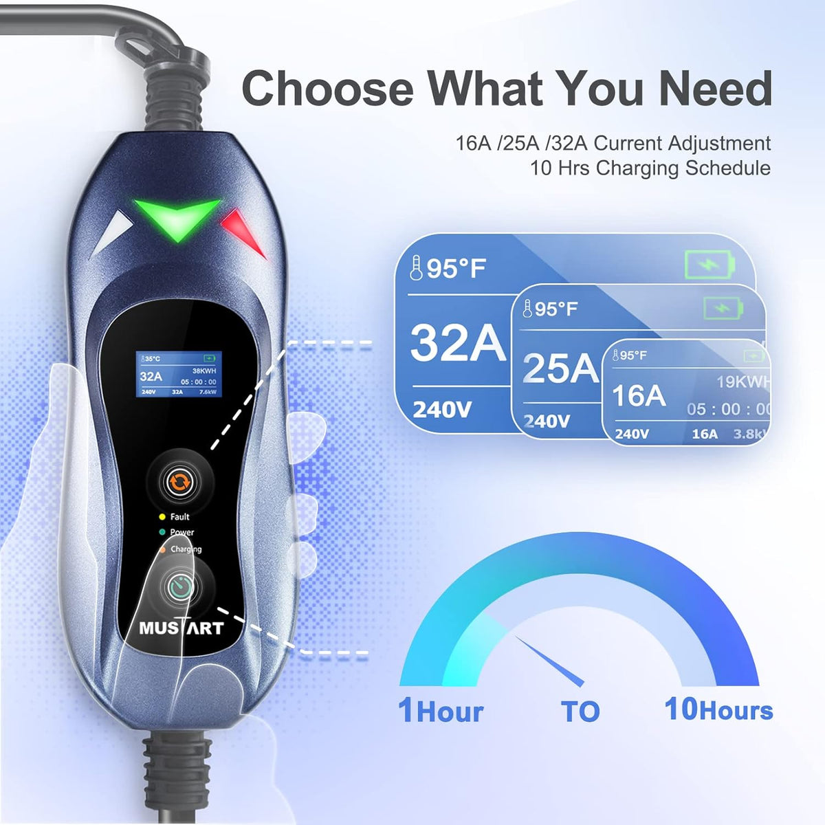 Portable EV Charger with 25ft Cable, 32 Amp Adjustable, NEMA 14-50P P597