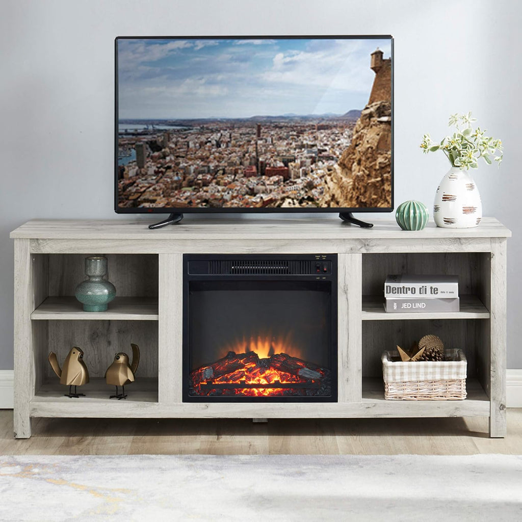 Light Grey Farmhouse Wooden TV Stand with Electric Fireplace P89056
