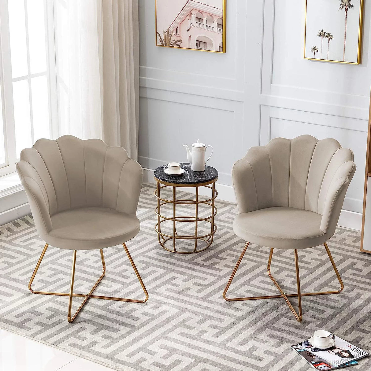 Khaki Velvet Accent Chair with Back and Gold Metal Legs C326202