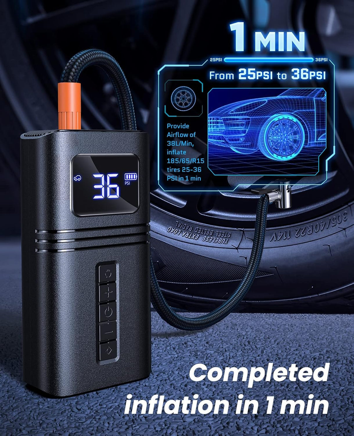 Cordless Tire Inflator Portable Air Compressor with 6000mAh Battery 150PSI LED Light B6558