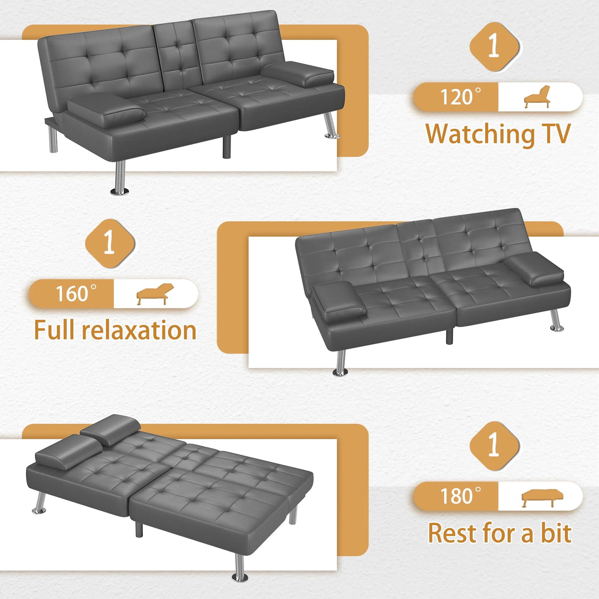 Faux Leather Convertible Futon Sofa Bed with 2 Cup Holders X886962