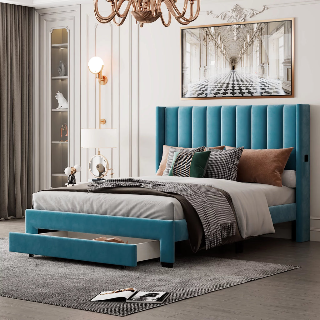 Queen Size Velvet Upholstered Platform Bed with Storage and Headboard P791