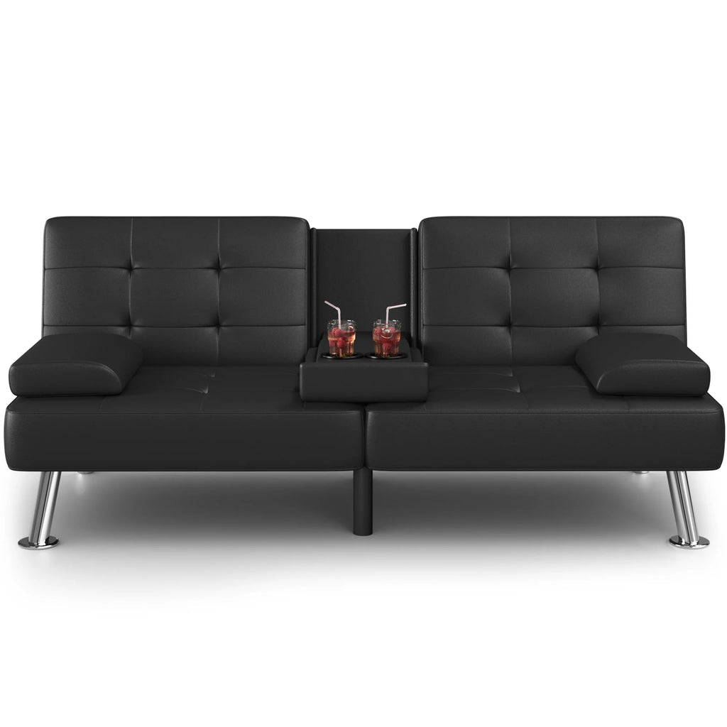 Faux Leather Convertible Futon Sofa Bed with 2 Cup Holders X886962