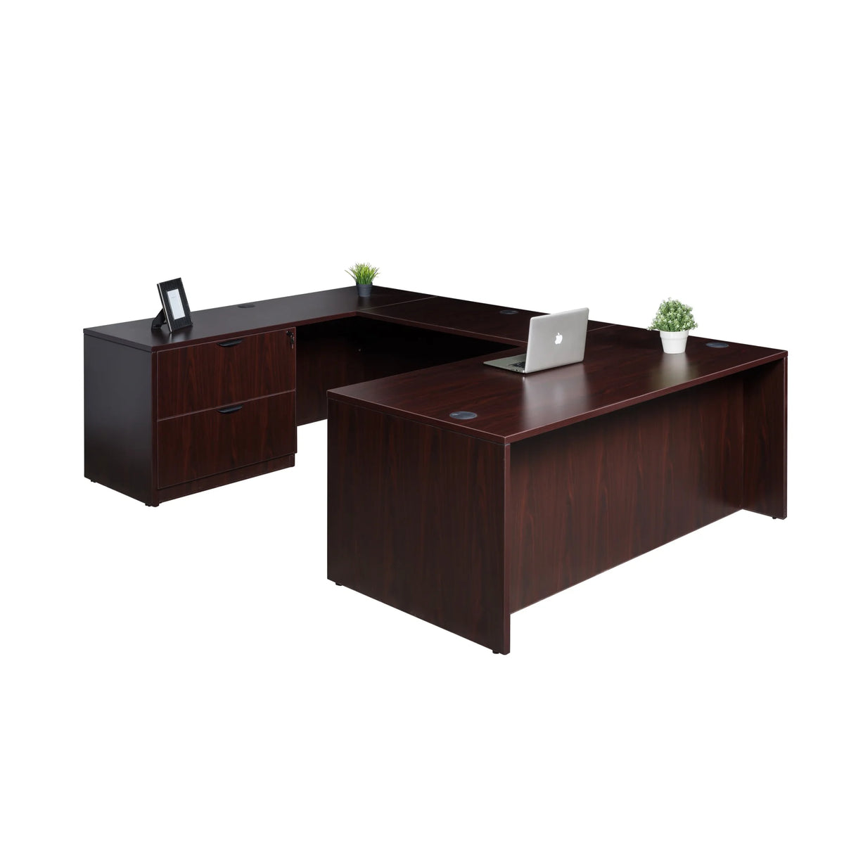 71 Inch Mahogany U-Shape Executive Desk with 2 Drawer Lateral File and Credenza V5252