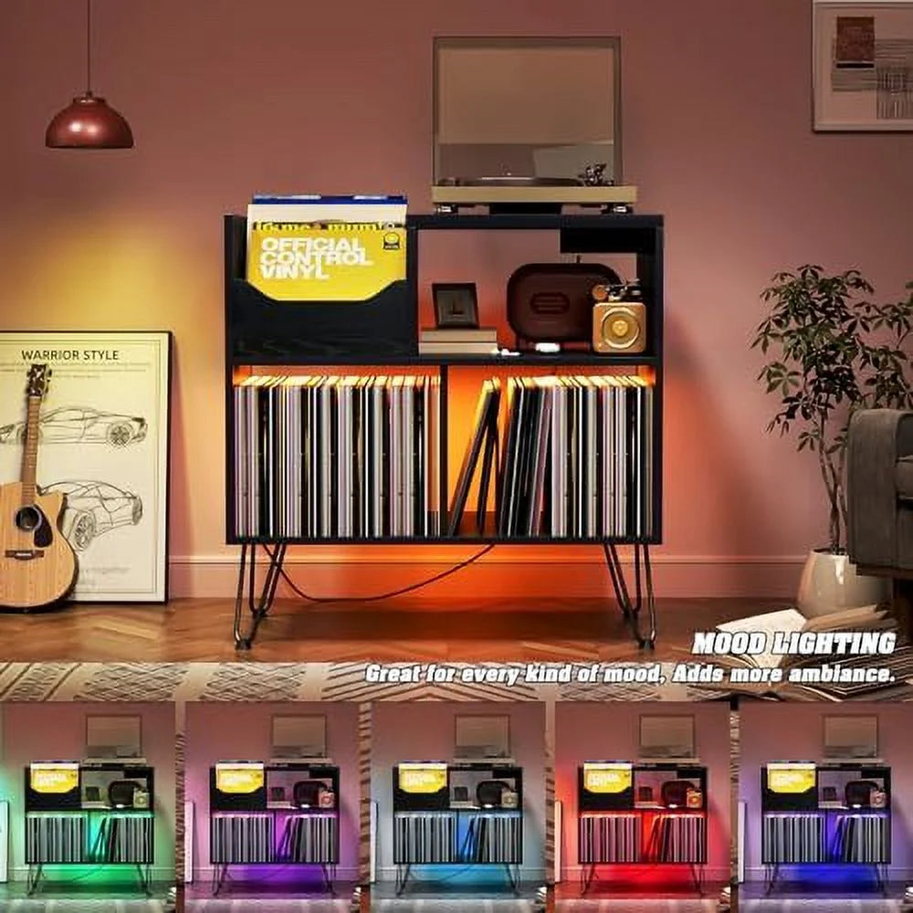 Black Record Player Stand with Charging Station F267
