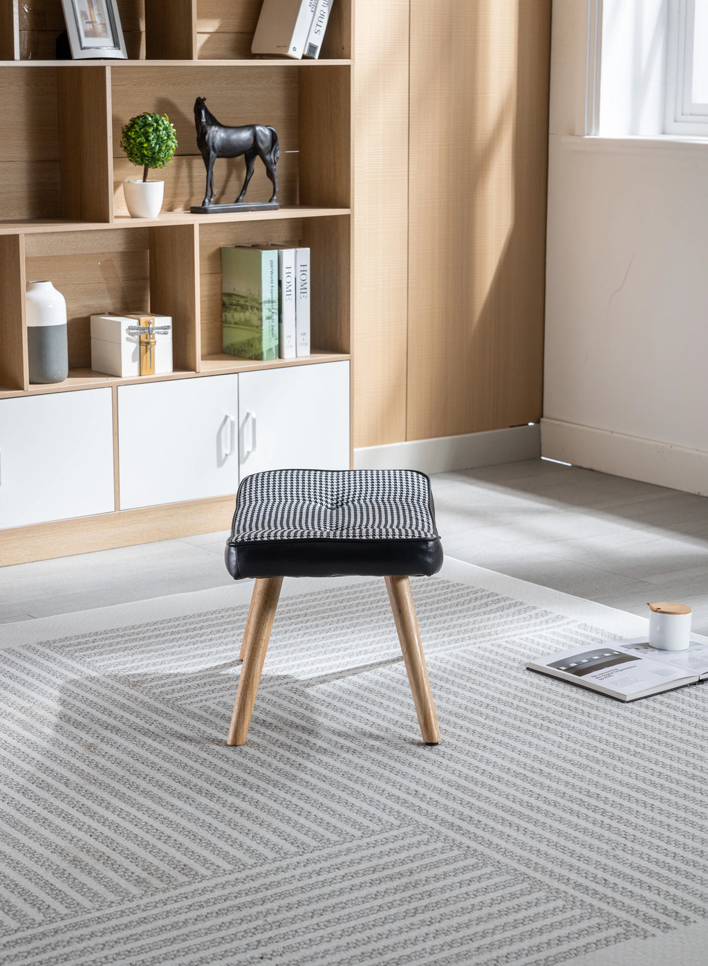 Black Wooden Square Cushion Foot Stool J9427