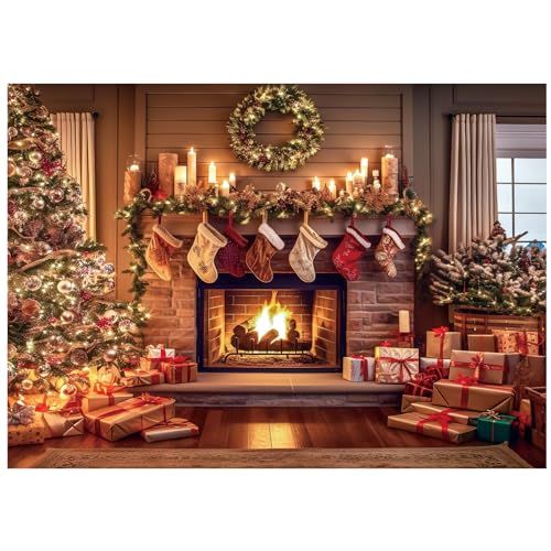 Christmas Fireplace Backdrop Polyester Background Decoration 10 x 8 ft J891