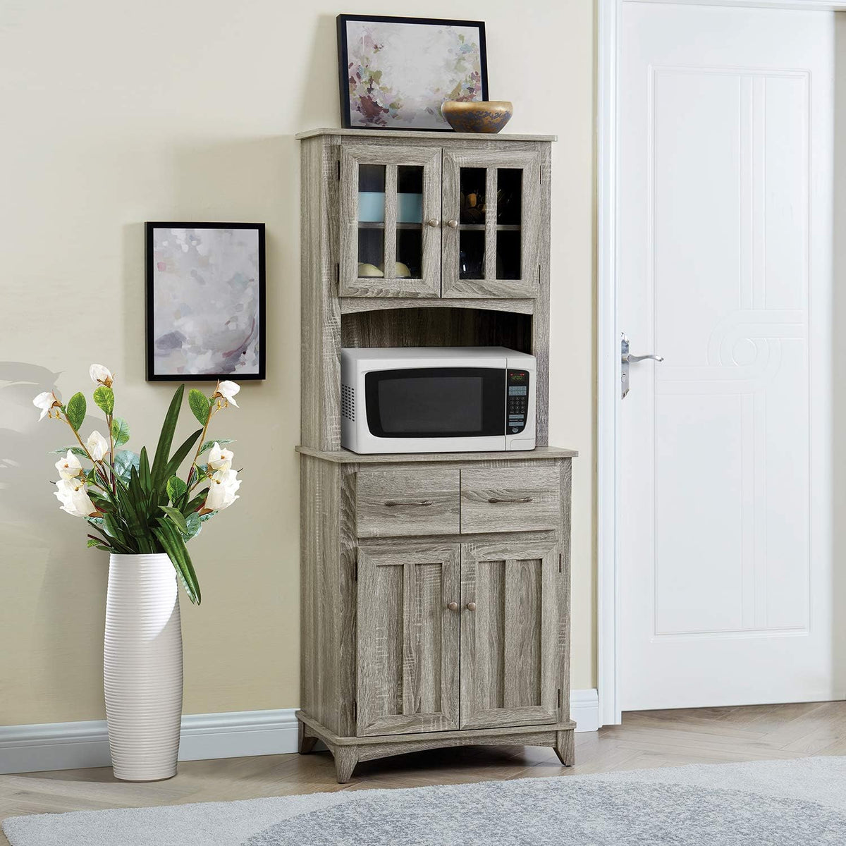 Charcoal Microwave Storage Stand with Double Door Top and Bottom Cabinets T760