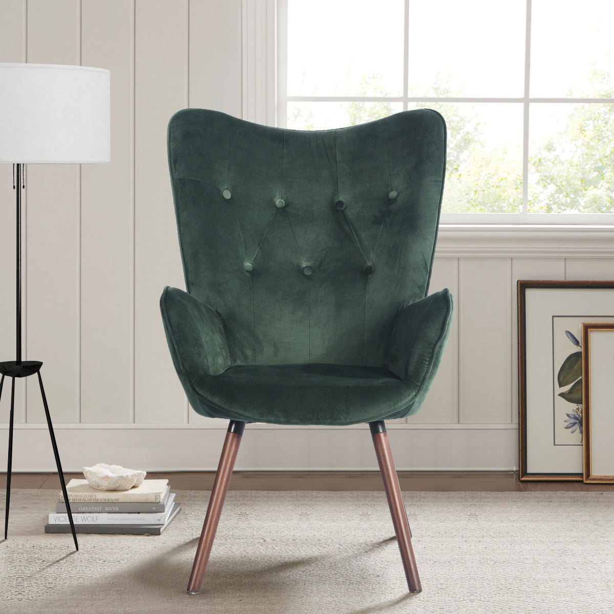 Green Velvet Wingback Accent Chair with Tufted Backrest I373