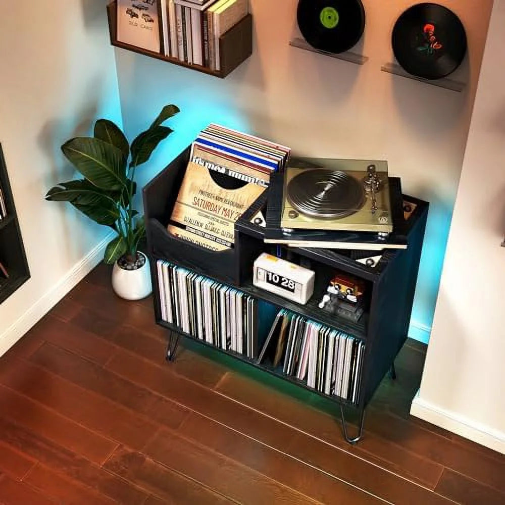 Black Record Player Stand with Charging Station F267