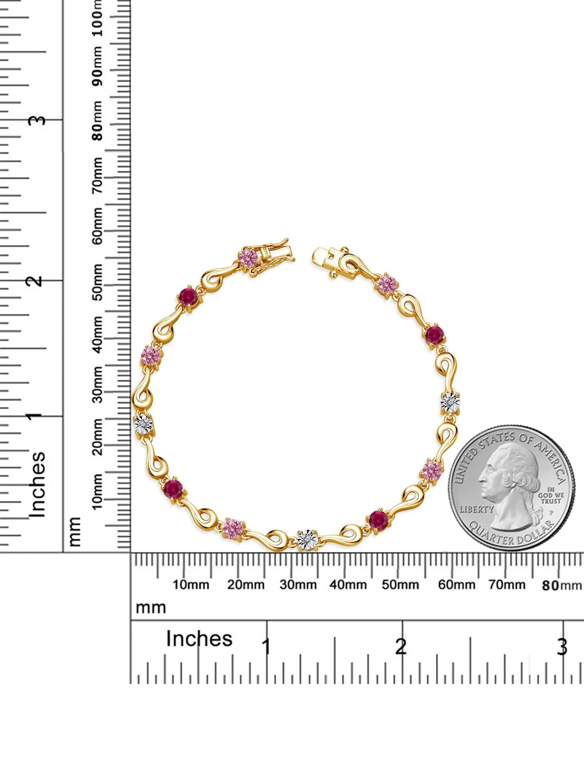 18K Yellow Gold Plated Silver Pink Lab Grown Diamond and Red Created Ruby Bracelet U977