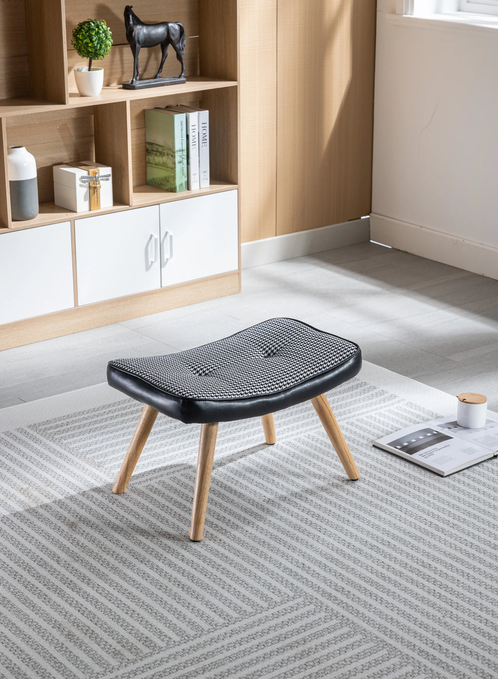 Black Wooden Square Cushion Foot Stool J9427