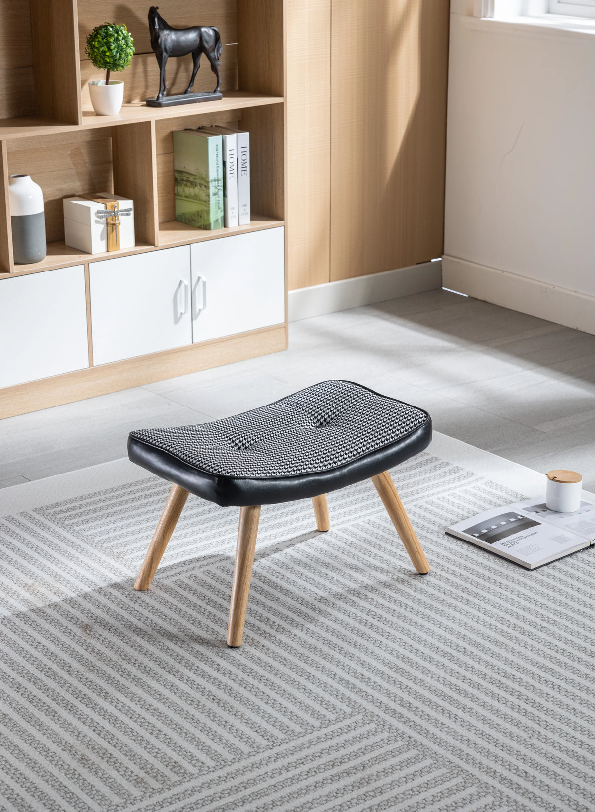 Black Wooden Square Cushion Foot Stool J9427