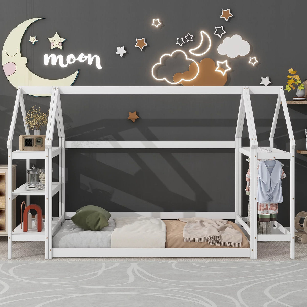Twin House-Shaped Floor Bed Frame with 2 Detachable Stands White Z31341