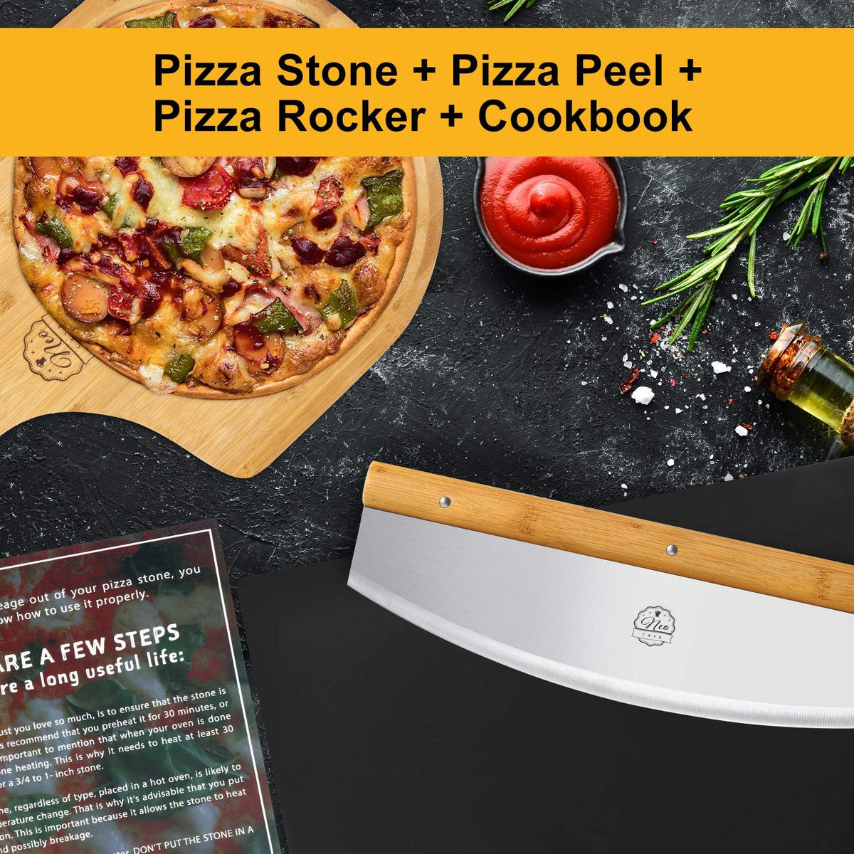 Black Cordierite Ceramic Coated Pizza Stone Pan Set with Bamboo Pizza Peel & Pizza Cutter L460