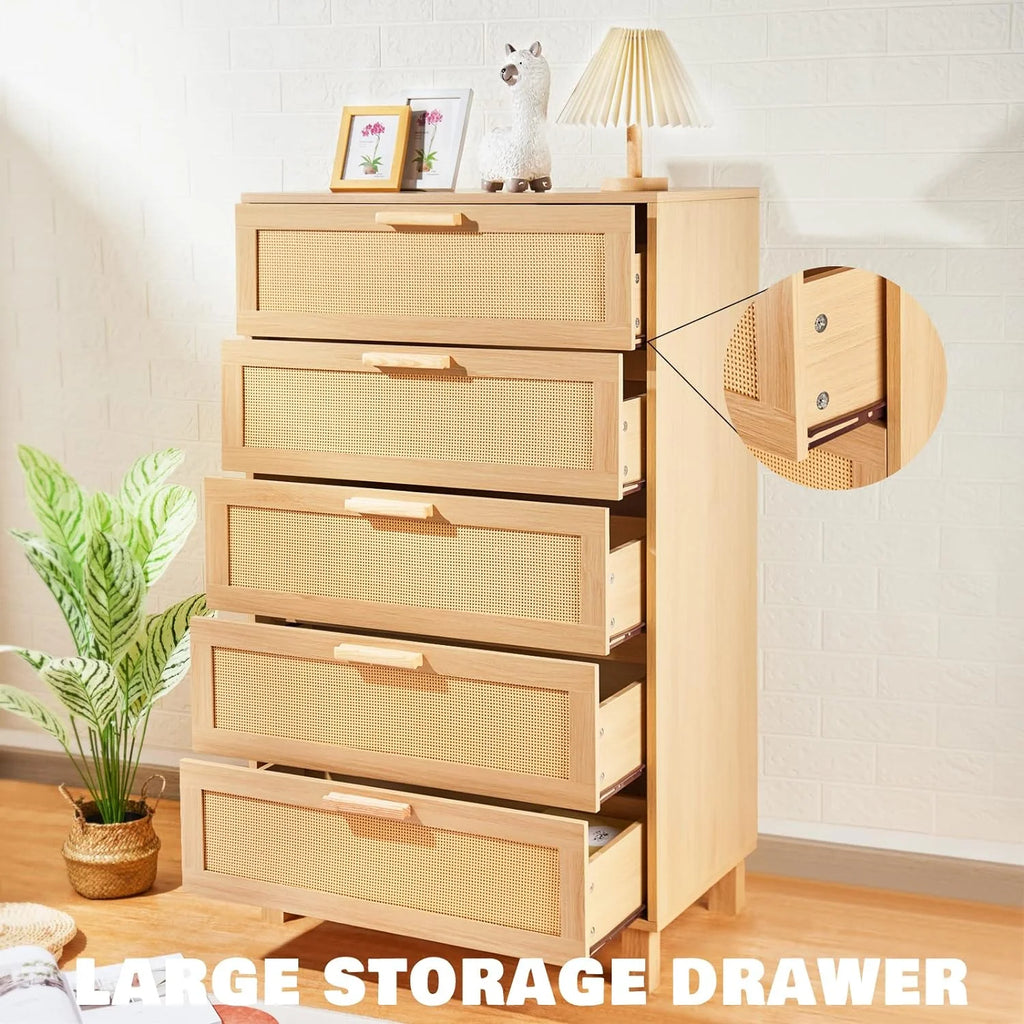 Oak 5 Drawer Rattan Dresser U8678